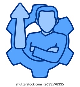 Personal Development icon represented by man, gear, up arrow Blue style.