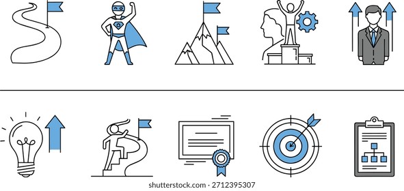 Conjunto de iconos de desarrollo personal, símbolos de Vector azul y negro para el logro, el éxito, el liderazgo, la planificación, la motivación y el crecimiento profesional