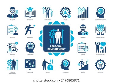 Conjunto de iconos de desarrollo personal. Autosuperación, Actividad, Capacidades, Aspiración, Objetivos, Psicología, Maestro, Educación. Iconos sólidos de color duotono