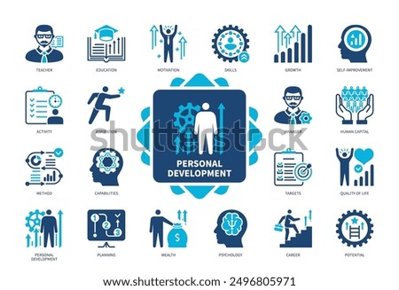 Personal Development icon set. Self Improvement, Activity, Capabilities, Aspiration, Targets, Psychology, Teacher, Education. Duotone color solid icons