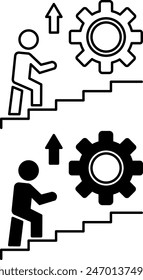 Personal Development Icons. Black and White Vector Icons. Man Walking Up the Career Ladder. Business and Lifestyle Concept