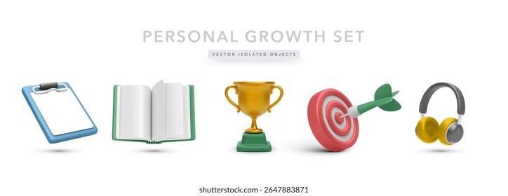 Personal Development Icons Including Clipboard, Book, Trophy, Target, and Headphones in Bright 3D Style. Perfect for Coaching, Education, and Goal Setting Projects. Vector Illustration.