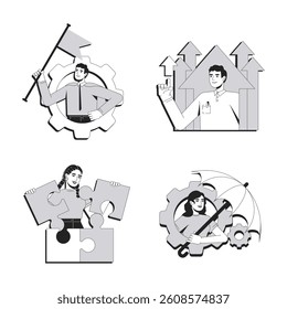Personal development line conceptual illustration set. Career growth. Problem solving, puzzle. Risk management, control. 2D outline characters isolated. Linear drawings grayscale vector collection