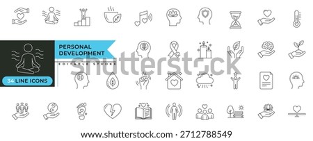 Personal development line icons set illustrating mindfulness, wellness, motivation, emotional balance, mental health, productivity, self-growth, lifestyle improvement, stress relief and holistic 