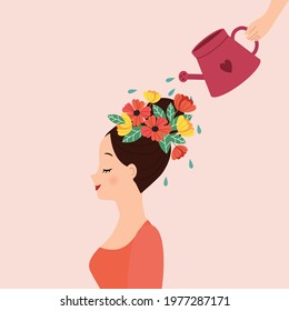 Personal development metaphor. Hand watering a woman head decorated with flower. Flat vector design