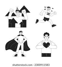 Personal development monochrome concept vector spot illustration set. Building self growth 2D flat bw cartoon characters for web UI design. Self improvement isolated editable handdrawn hero image pack