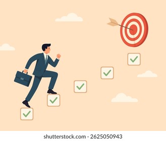 Personal development and motivation plan for career success and business goals achievement. Businessman climbs high up to the goal of completed tasks. Vector illustration.