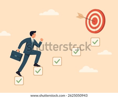 Personal development and motivation plan for career success and business goals achievement. Businessman climbs high up to the goal of completed tasks. Vector illustration.