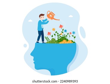 Personal Development with People Developing Mental Issues, Growth and Self Improvement as Plant in Flat Cartoon Hand Drawn Templates Illustration