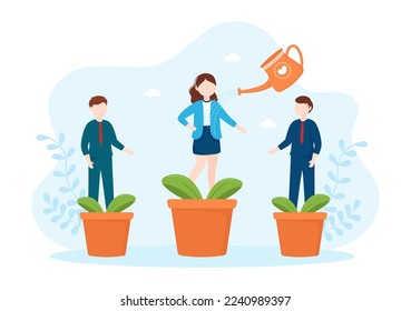 Personal Development with People Developing Mental Issues, Growth and Self Improvement as Plant in Flat Cartoon Hand Drawn Templates Illustration