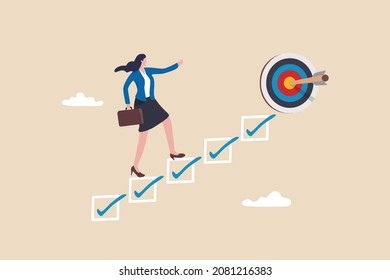 Personal development plan for career success, build specialist skill or competence to motivate and achieve business target concept, smart businesswoman walk up checklist as staircase to achieve target - Shutterstock ID 2081216383
