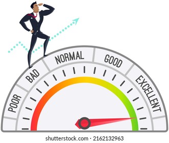 Personal development plan for career success, build specialist skill or competence to motivate and achieve business target, man walk up staircase on scale from poor to excellent to obtain target