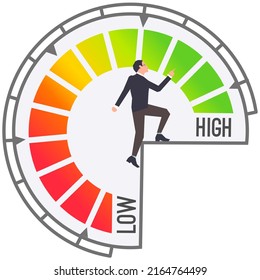 Personal development plan for career success, build specialist skill or competence to motivate and achieve business target concept, man walk up staircase on scale from low to high to achieve target
