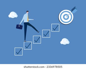 Personal development plan for career success, build specialist skill or competence to motivate and achieve business target concept, smart businessman walk up checklist as staircase to achieve target.