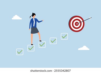 Personal development plan for career success, businesswoman ascend checklist like a staircase to reach goal 