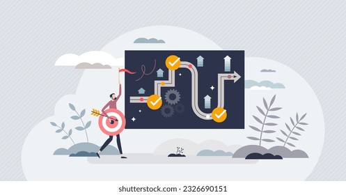Personal development plan with growth management strategy tiny person concept. Professional career path direction with objectives, vision and progress vector illustration. Guidelines map for work.