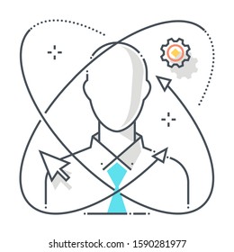 Personal development related color line vector icon, illustration. The icon is about learning, employee, businessman, atom, skills, cursor. The composition is infinitely scalable.