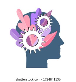 Personal development and self improvement vector concept. NLP symbol, Natural Language Processing or mental growth icon. Human head with gears and tree