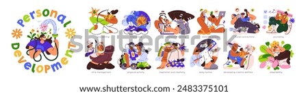 Personal development set. Growth of social skills, creative abilities. Improvement of mental health, life balance. Self learning, awareness. Flat isolated vector illustration on white background