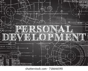 Personal development sign and gear wheels technical drawing on blackboard background
