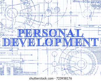 Personal development sign and gear wheels technical drawing on graph paper background