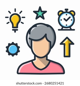 Ilustración vectorial de habilidades de desarrollo personal, diseño plano de persona con íconos de productividad, ideas y crecimiento