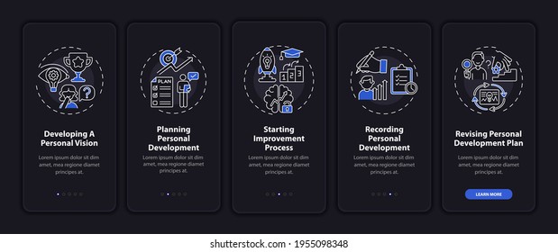 Personal development steps onboarding mobile app page screen with concepts. Self-improvement walkthrough 5 steps graphic instructions. UI, UX, GUI vector template with linear night mode illustrations