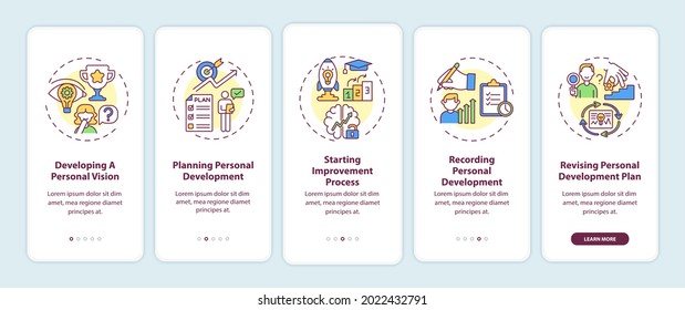 Personal development steps onboarding mobile app page screen with concepts. Self-improvement walkthrough 5 steps graphic instructions. UI, UX, GUI vector template with linear color illustrations