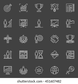 Personal development and success icons - vector set of outline success in business pictograms or logo elements on dark background