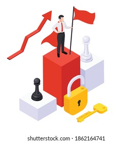 Personal development success key businessman superhero holding flag on podium growth arrow symbol isometric composition vector illustration 