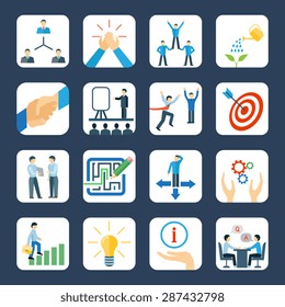 Personal development and teamwork mentoring business programs flat icons set with hands symbols abstract isolated vector illustration