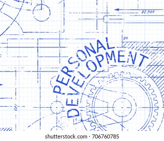 Personal development text with gear wheels hand drawn on graph paper technical drawing background