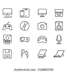 Conjunto de iconos vectoriales relacionados con dispositivos personales. Iconos vectoriales como pc, cámara, laptop, juego stick y más con contorno negro editable.