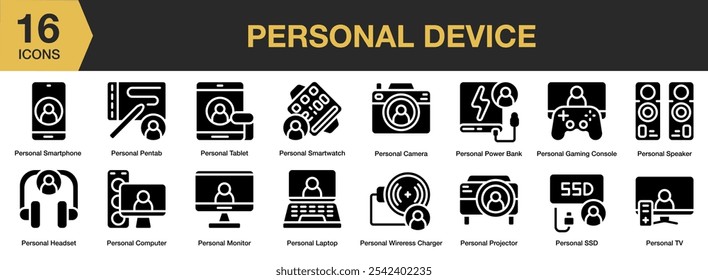 Personal Device solid icon set. Includes smartphone, pentab, tablet, camera, monitor, computer, headset, and More. Solid icons vector collection.