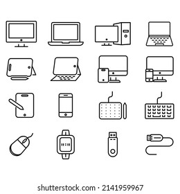 Conjunto de iconos vectoriales de dispositivo personal. Iconos vectoriales de línea como laptop, tablet, smartphone, PC y otros en fondo blanco. Ilustración de vector de línea plana de trazo editable.