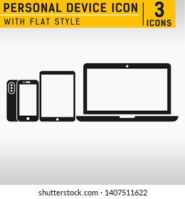 Personal devices with empty screens isolated on white. Smartphone, digital tablet and laptop icons with flat style. Responsive design laptop, tablet and smartphone screen vector icon for web developme