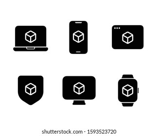 Personal Devices Icon Set - AR (Augmented Reality): Laptop, Smart phone, Browser Window, Desktop Computer Display, Smart Watch and Security Shield Shield. Isolated, Solid Color and Flat Style.