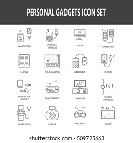 Personal devices icon set. Collection vector elements on the topic of Personal devices . 16 line symbols in format EPS 10 for design website, company's visit card, logo and etc. 
