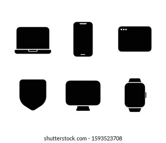 Personal Devices Icon Set: Laptop, Smart phone, Browser Window, Desktop Computer Display, Smart Watch and Security Shield Shield. Isolated, Solid Color and Flat Style Pictograms