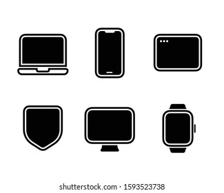 Personal Devices Icon Set: Laptop, Smart phone, Browser Window, Desktop Computer Display, Smart Watch and Security Shield Shield. Isolated, Solid Color and Flat Style Pictograms