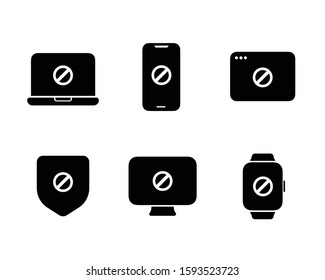 Personal Devices Icon Set - Restricted Access: Laptop, Smart phone, Browser Window, Desktop Computer Display, Smart Watch and Security Shield Shield. Isolated, Solid Color and Flat Style Pictograms