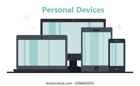Personal devices set. Laptop, computer, smartphone and tablet. Ecommerce and online shopping. Modern technologies and digital world. Cartoon flat vector illustrations isolated on white background