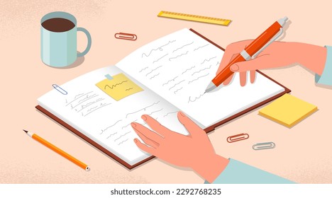 Personal diary concept. Woman writes goals in notebook, thoughts and memories with pen. Motivation and organization of work or educational process. Cartoon flat vector illustration