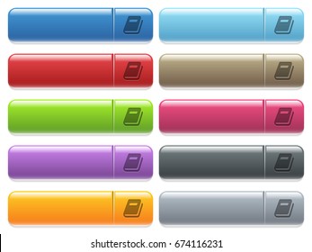 Personal diary engraved style icons on long, rectangular, glossy color menu buttons. Available copyspaces for menu captions.