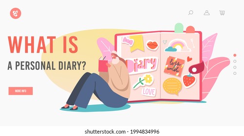 Personal Diary Landing Page Template. Tiny Girl Sitting at Huge Pink Diary Put Notes about Love and Life Moments. Character Write Memoirs in Cute Notebook with Stickers. Cartoon Vector Illustration