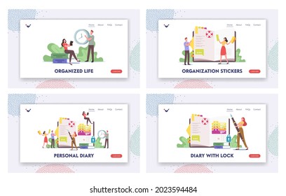 Personal Diary Landing Page Template Set. Tiny Characters at Huge Organizer Writing Notes, Planning Deals, Filling To Do List, Put Stickers, Round Date in Calendar. Cartoon People Vector Illustration