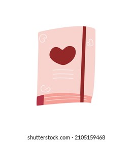 Personal diary or planner with a heart on the cover. Pink and red colors. Vector isolated illustration hand drawn. Secret daily romantic organizer. Valentines day
