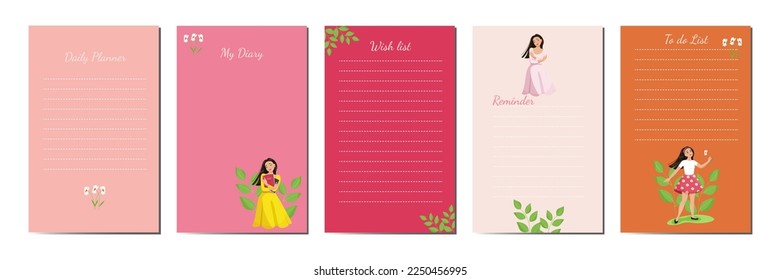 Personal diary templates. Vector elegant design,a cute girl with a book in her hands.