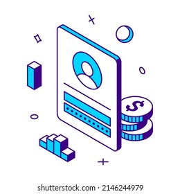 Personal digital account for online payment store purchasing credit card data information 3d icon isometric vector illustration. Electronic pay e commercial technology comfortable internet shopping