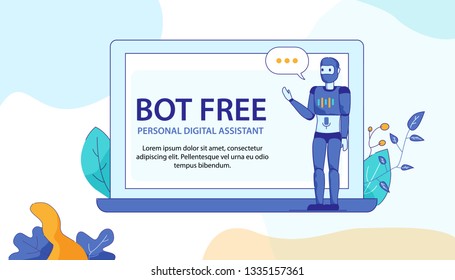 Personal Digital Assistant with Dialogue Bubbles below PC Screen. Banner with Bot Free for Computer or Mobile Applications in Floral Design. Artificial Intelligence, Digital Help Concept.